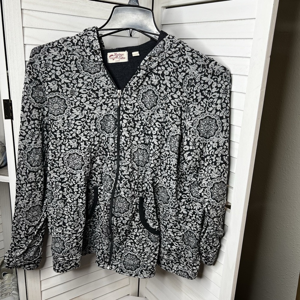 VINTAGE COTTON Brand Women's Zip Up Hooded Sweatshirt Size 1X Dark Gray & White